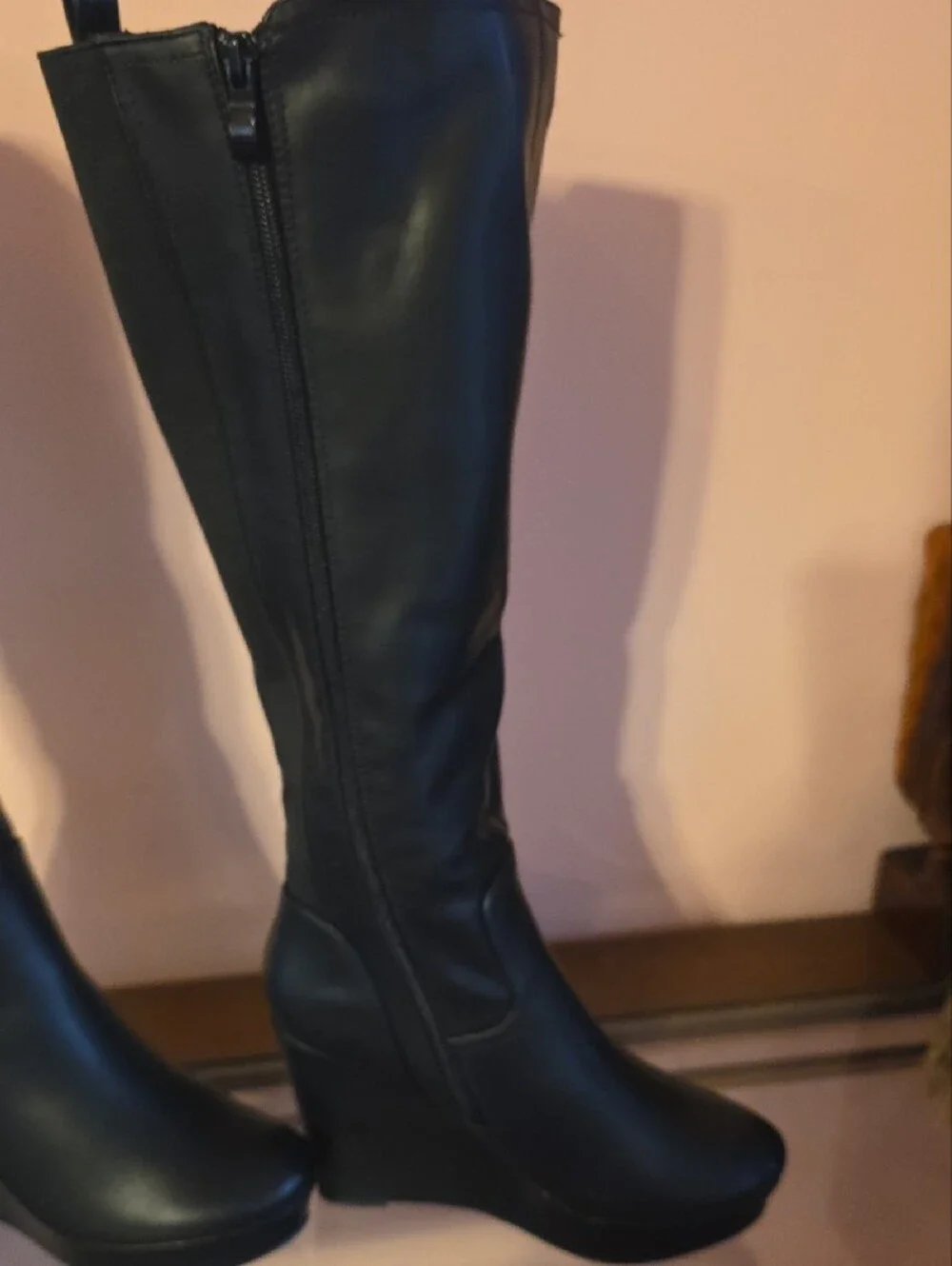 Classic Black Wedge Knee-High Boots - Women's Stylish Riding Boot